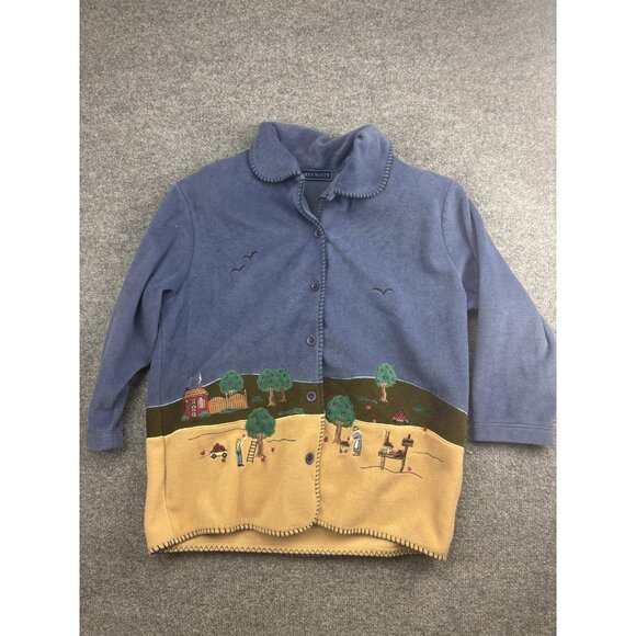 Karen Scott Fleece Jacket Womens Large Blue Button Front Embroidered Applique - Picture 1 of 8